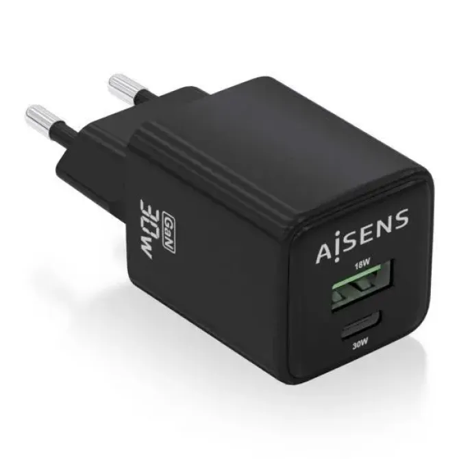 AISENS CARGADOR GAN USB-C 30W - ALTA EFICIENCIA ENERGETICA - TECNOLOGIA AI PARA CARGA RAPIDA - MULTIPLES PROTECCIONES DE SEGURIDAD - COMPATIBLE CON USB-C Y USB-A - CARGA SIMULTANEA DE 2 DISPOSTIVOS