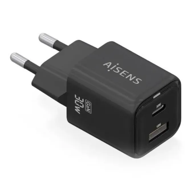 AISENS CARGADOR GAN USB-C 30W - ALTA EFICIENCIA ENERGETICA - TECNOLOGIA AI PARA CARGA RAPIDA - MULTIPLES PROTECCIONES DE SEGURIDAD - COMPATIBLE CON USB-C Y USB-A - CARGA SIMULTANEA