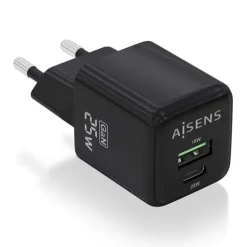 AISENS CARGADOR GAN 25W - 1XUSB-C PD3.0 QC4.0 - 1XUSB-A QC3.0 - COLOR NEGRO