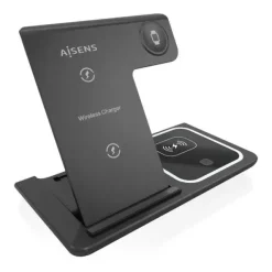 AISENS CARGADOR INALAMBRICO USB-C 3 EN 1 DE 15W PARA MOVIL - APPLE WATCH - ARICULARES CON ESTUCHE DE CARGA - COLOR NEGRO
