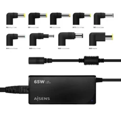 AISENS CARGADOR 65W AUTOMATICO UNIVERSAL MULTITENSION PARA PORTATIL CON 9 CONECTORES + USB-A QC.3.0 - COLOR NEGRO
