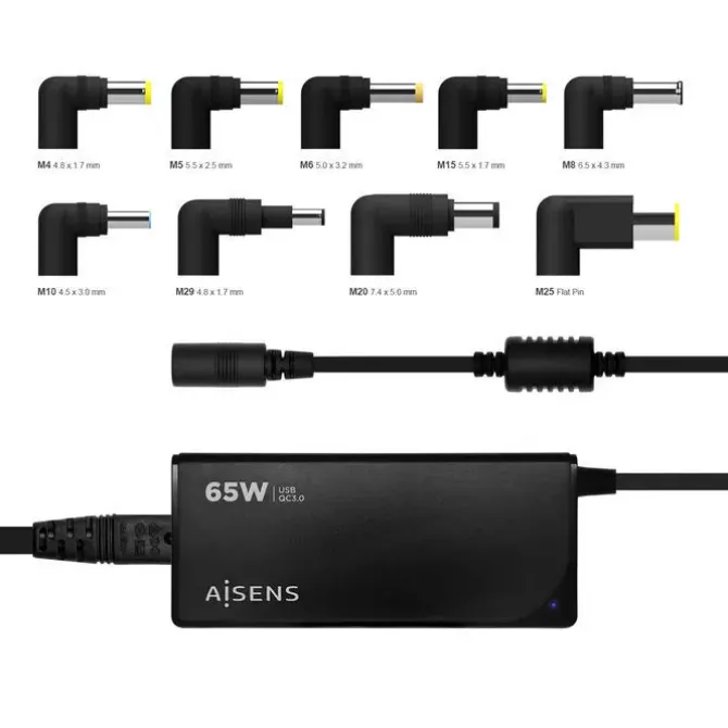 AISENS CARGADOR 65W AUTOMATICO UNIVERSAL MULTITENSION PARA PORTATIL CON 9 CONECTORES + USB-A QC.3.0 - COLOR NEGRO