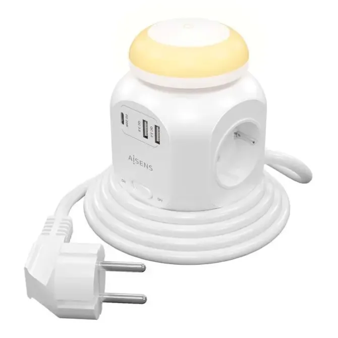 AISENS REGLETA DE ENCHUFES SOBREMESA MULTIFUNCION CON 4 TOMAS + 1XUSB-C 20W PD3.0 - 2XUSB-A 18W QC3.0 - LUZ NOCTURNA - 1.8M - COLOR BLANCO