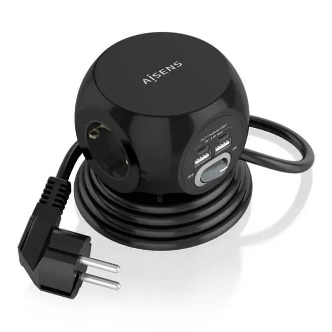 AISENS REGLETA DE ENCHUFES SOBREMESA MULTIFUNCION CON 3 TOMAS + 2XUSB-C - 2XUSB-A - 1.4M - COLOR NEGRO