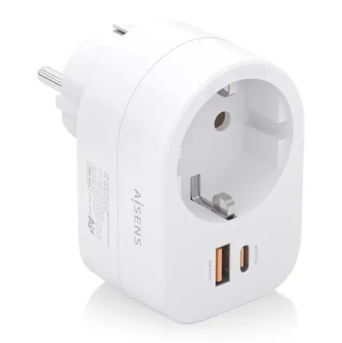 AISENS REGLETA DE PARED MULTIFUNCION CON 1 TOMA + 1XUSB-C 20W PD3.0 - 1XUSB-A 20W QC3.0 - COLOR BLANCO