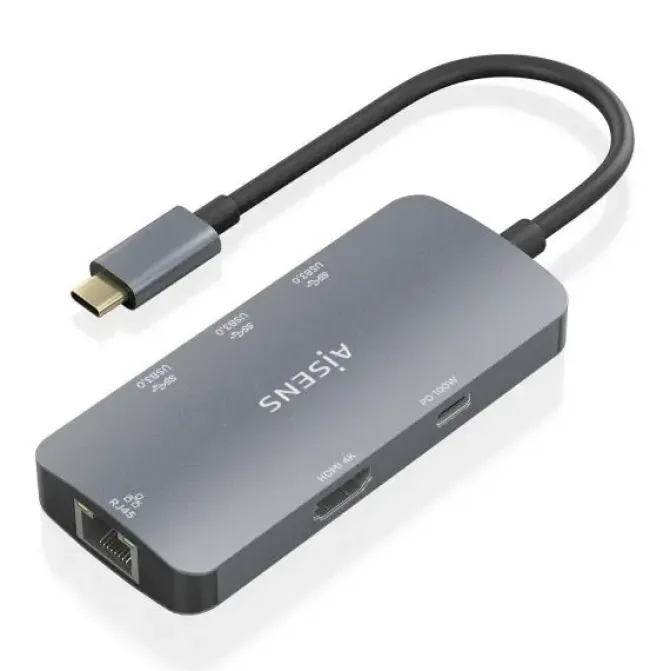 AISENS USB-C DOCK 6 EN 1 - USB-C A 1XHDMI - 1XRJ45 - 3XUSB-A - 1XUSB-C PD - 15CM - COLOR GRIS