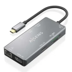 AISENS USB-C DOCK 9 EN 1 - USB-C A 2XHDMI - 1XRJ45 - 2XUSB-A USB3.0 - 1XUSB-A USB2.0 - 1XUSB-C PD - 1XSD - 1XMICRO SD - 15CM - COLOR GRIS
