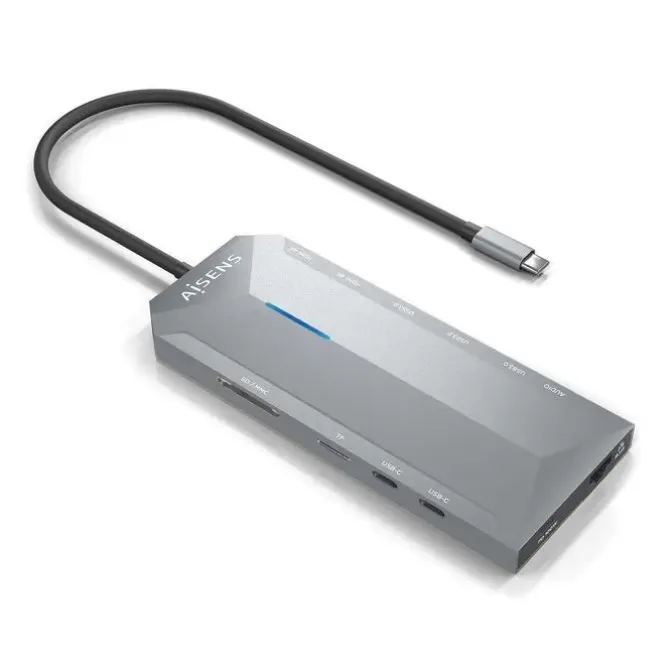 AISENS USB-C DOCK 12 EN 1 - USB-C A 2XHDMI - 1XRJ45 - 3XUSB-A - 2XUSB-C - 1XUSB-C PD - 1XAUDIO - 1XSD - 1XMICRO SD - 15CM - COLOR GRIS