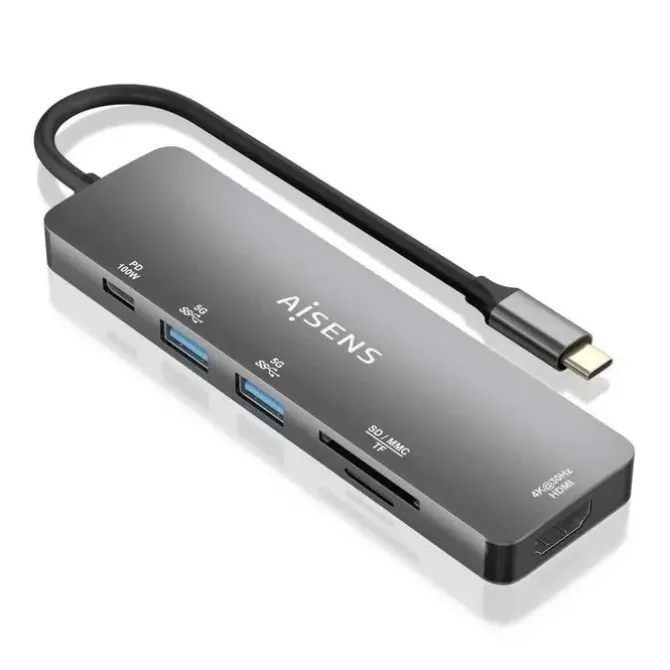 AISENS USB-C DOCK 6 EN 1 - USB-C A 1XHDMI - 2XUSB-A - 1XUSB-C PD 100W - 1XSD - 1XMICRO SD - 15CM