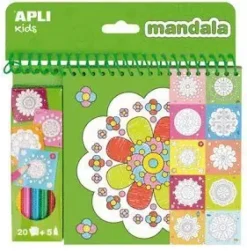 APLI BLOC DE DIBUJOS CON MANDALAS Y LAPICES DE COLORES - 20 PAGINAS - 5 LAPICES - IDEAL PARA VIAJES - ESTIMULA CREATIVIDAD Y CONCENTRACION