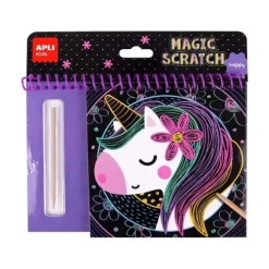 APLI BLOC MAGIC SCRATCH HAPPY - 8 LAMINAS PARA RASCAR - PALITO RASCADOR DE MADERA - ILUSTRACION CON IMAGEN DE MUESTRA
