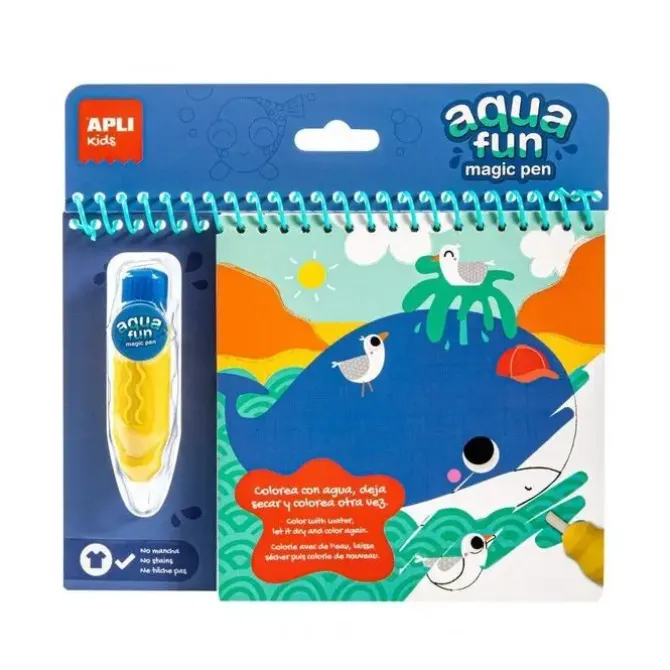 APLI BLOC PINTA Y COLOREA CON AGUA MARINO - BLOCK CON 6 LAMINAS DE DIBUJO - PINCEL RECARGABLE CON AGUA - COLOREA UNA Y OTRA VEZ