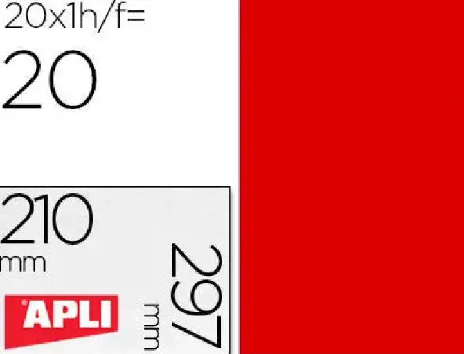 #APLI BOLSA 20 HOJAS ETIQUETAS FLUORESCENTES ROJAS LASER Y FOTOCOPIADORA 20 UDS. 210X297 MM REF. 2880