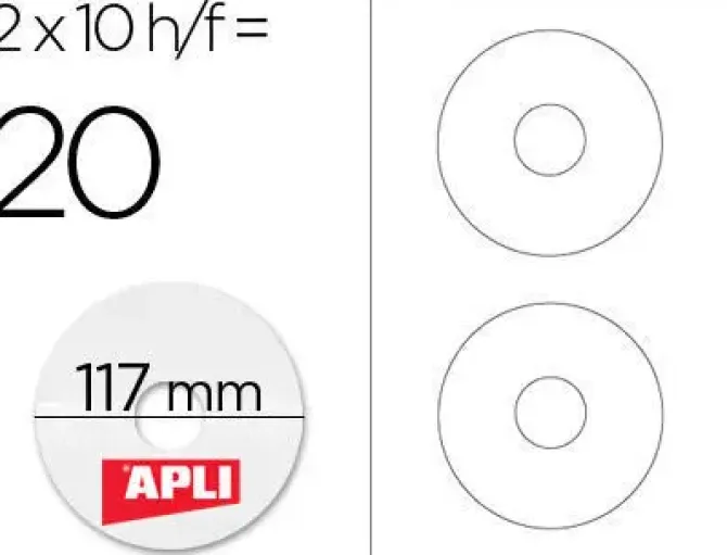 APLI BOLSA 10 HOJAS ETIQUETAS CD/DVD BRILLANTES DIAMETRO 117 MM INKJET 20 UD. REF 10603