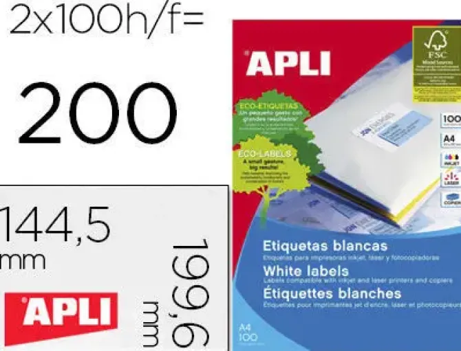 APLI ETIQUETAS APLI A4 199X144 C/ROMO 100H 02423 MAK029806