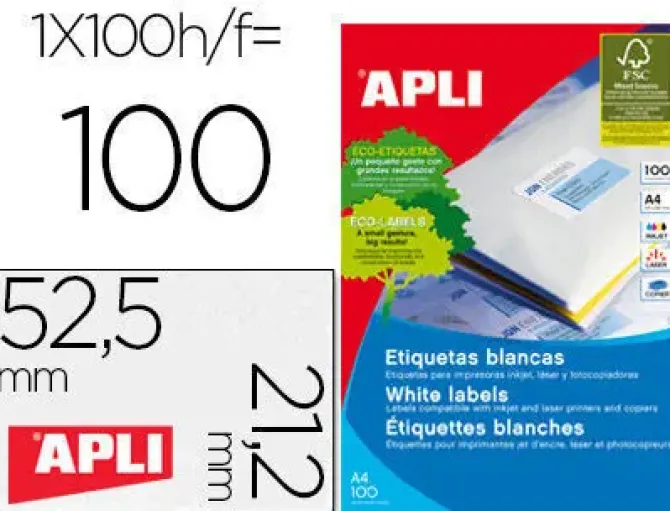 APLI ETIQUETAS APLI A4 52,5X21,2 100H 01284 MAK028998