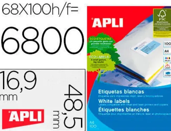 APLI ETIQUETAS APLI A4 48,5X16,9 100H 1282 MAK001266