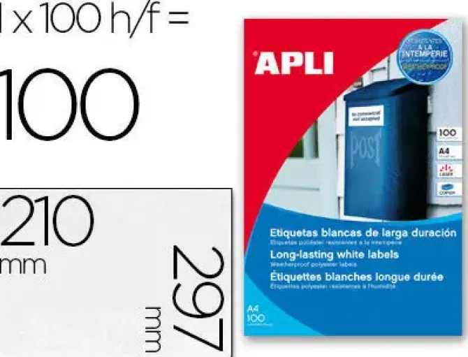 APLI ETIQUETAS BLANCAS RESISTENTES INTEMPERIE 210 X 297 MM - 100 HOJAS