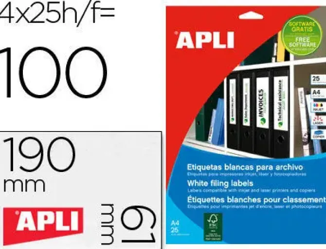 APLI ETIQUETAS PERMANENTES BLANCAS PARA ARCHIVO 190 X 61 MM - 25 HOJAS