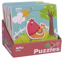 APLI EXPOSITOR DE PUZLES DE MADERA ENCAJABLES - 198X198X18 MM - 6 PUZLES CON CICLO DE VIDA Y ANIMAL - GUIA IMPRESA - ALTO VALOR DIDACTICO - COLOR NATURAL