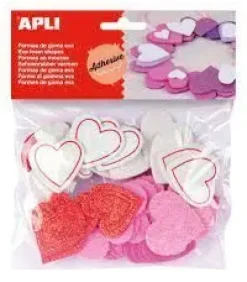 APLI FORMAS DE CORAZONES ADHESIVAS DE GOMA EVA - 52 FORMAS - MEDIDAS SURTIDAS - MATERIAL SUAVE Y SEGURO - COLORES SURTIDOS PURPURINA