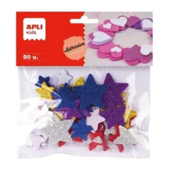 APLI FORMAS DE ESTRELLAS ADHESIVAS DE GOMA EVA - 50 FORMAS - MEDIDAS SURTIDAS - MATERIAL SUAVE Y SEGURO - COLORES SURTIDOS PURPURINA