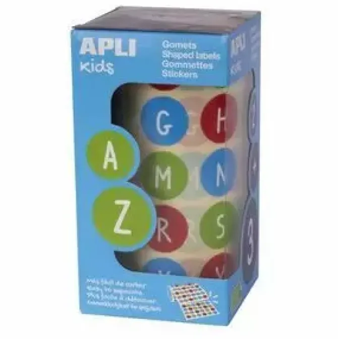 APLI GOMETS EN ROLLOS LETRAS ABECEDARIO COLORES REDONDOS 20MM AP15126