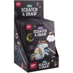 APLI MINI SCRATCH & DRAW EXPOSITOR DE 12 BLOCS DE LAMINAS PARA RASCAR DE BOLSILLO - DISEÑOS DE DINOSAURIOS, MUNDO MAGICO Y PIRATAS DEL OCEANO - MEDIDAS 180X124MM