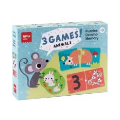 APLI SET DE 3 JUEGOS ANIMALES: 1 PUZZLE DE 24 PIEZAS, 1 DOMINO DE 36 PIEZAS Y 1 MEMORY DE 24 PIEZAS - RECOMENDADO PARA NIÑOS A PARTIR DE 3 AÑOS