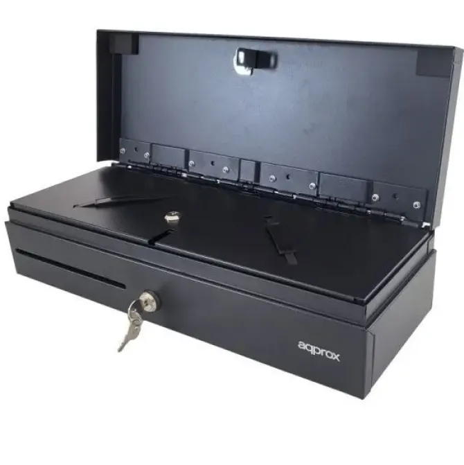 APPROX CAJON PORTAMONEDAS ELECTRICO COMPACTO - 14 COMPARTIMENTOS - APERTURA MANUAL Y AUTOMATICA - CONEXION RJ11 - COLOR NEGRO