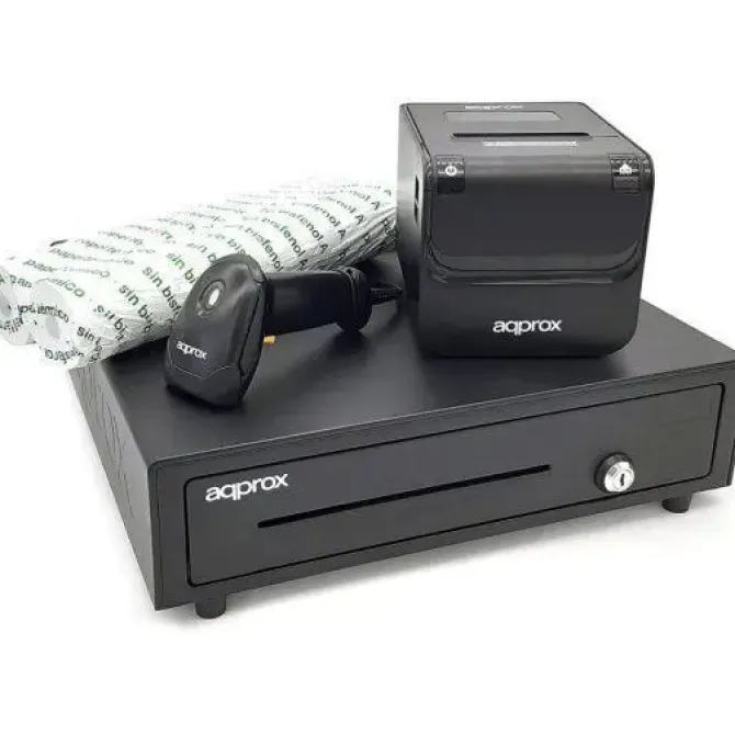 APPROX PACK TPV CAJON PORTAMONEDAS + IMPRESORA TERMICA + LECTOR DE CODIGOS + ROLLOS - COLOR NEGRO