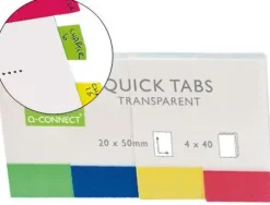 BANDERITAS SEPARADORAS Q-CONNECT 25X45 MM TRANSPARENTES Y COLOR PACK DE 4 CON 40 HOJAS
