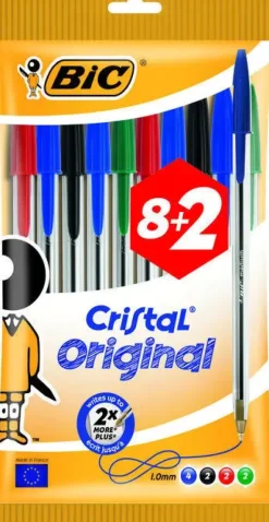 BIC CRISTAL ORIGINAL PACK DE 10 BOLIGRAFOS DE BOLA - PUNTA REDONDA DE 1.0MM - TRAZO 0.4MM - TINTA CON BASE DE ACEITE - COLORES SURTIDOS