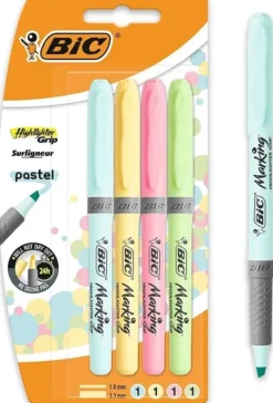 BIC HIGHLIGHTER GRIP PACK DE 4 MARCADORES FLUORESCENTES PASTEL - TINTA CON BASE DE AGUA - PUNTA BISELADA - TRAZO ENTRE 1.60 Y 3.30MM - COLORES SURTIDOS