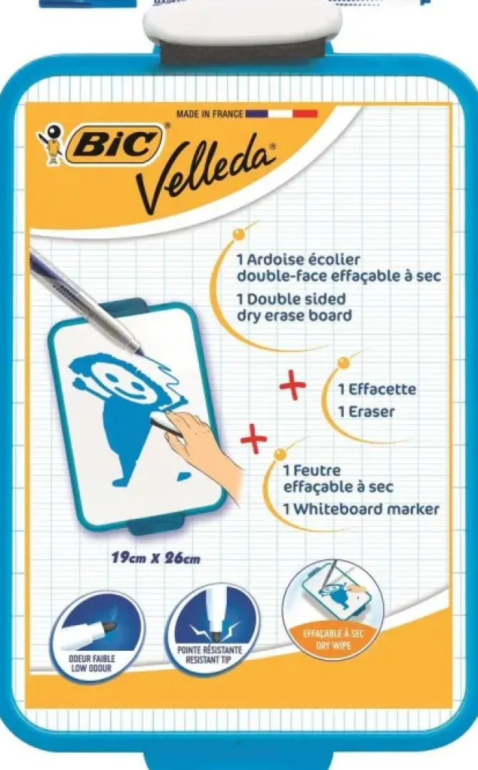BIC VELLEDA PIZARRA ESCOLAR DOS SUPERFICIES BLANCA Y MILIMETRADA + 1 MARCADOR VELLEDA AZUL + 1 BORRADOR - DIMENSIONES: 26X19 CM