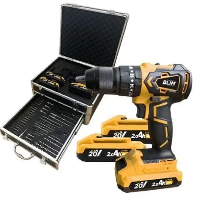 BLIM TALADRO PERCUTOR A BATERIA 20V 2AH Y MALETIN DE ALUMINIO CON 50 ACCESORIOS - MOTOR SIN ESCOBILLAS - 45NM PAR MAXIMO - 2 VELOCIDADES 0-450/0-1650RPM - INCLUYE 3 BATERIAS