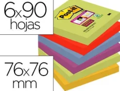 BLOC DE NOTAS ADHESIVAS QUITA Y PON POST-IT SUPER STICKY 76X76 MM CON 90 HOJAS PACK DE 6 BLOC COLORES SURTIDOS