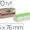 BLOC DE NOTAS ADHESIVAS QUITA Y PON POST-IT SUPER STICKY 76X76 MM 70 HOJAS RECICLADAS PAQUETE DE 14 UNIDADES