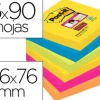 BLOC DE NOTAS ADHESIVAS QUITA Y PON POST-IT SUPER STICKY 76X76 MM CON 90 HOJAS PACK DE 6 BLOC COLORES SURTIDOS