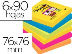 BLOC DE NOTAS ADHESIVAS QUITA Y PON POST-IT SUPER STICKY 76X76 MM CON 90 HOJAS PACK DE 6 BLOC COLORES SURTIDOS