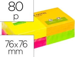 BLOC DE NOTAS ADHESIVAS QUITA Y PON Q-CONNECT 75X75 MM CON 80 HOJAS FLUORESCENTES PACK DE 12 SURTIDAS EN 4 COLORES