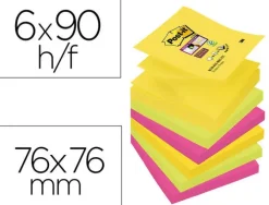 BLOC DE NOTAS ADHESIVAS QUITA Y PON POST-IT SUPER STICKY 76X76 MM CON 90 HOJAS PACK DE 6 BLOC COLORES SURTIDOS