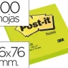 BLOC DE NOTAS ADHESIVAS QUITA Y PON POST-IT 76X76 MM VERDE NEON CON 100 HOJAS