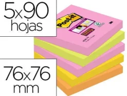 BLOC DE NOTAS ADHESIVAS QUITA Y PON POST-IT SUPER STICKY 76X76 MM CON 90 HOJAS PACK DE 5 BLOC COLORES SURTIDOS