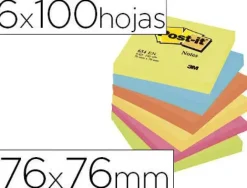 BLOC DE NOTAS ADHESIVAS QUITA Y PON POST-IT 76X76 MM NEON PACK DE 6 BLOCS SURTIDO