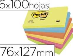 BLOC DE NOTAS ADHESIVAS QUITA Y PON POST-IT 76X127 MM NEON PACK DE 6 BLOCS SURTIDO