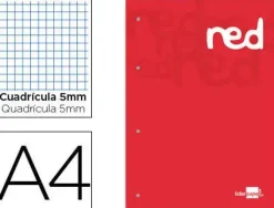 BLOC ENCOLADO LIDERPAPEL CUADRO 5 MM ROJO A4 NATURAL 100 HOJAS 100 G/M2