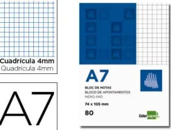 BLOC NOTAS LIDERPAPEL CUADRO 4MM A7 80 HOJAS 60G/M2 PERFORADO