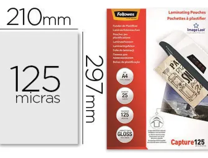 BOLSA DE PLASTIFICAR FELLOWES BRILLO DIN A4 125 MICRAS PACK DE 25 UNIDADES