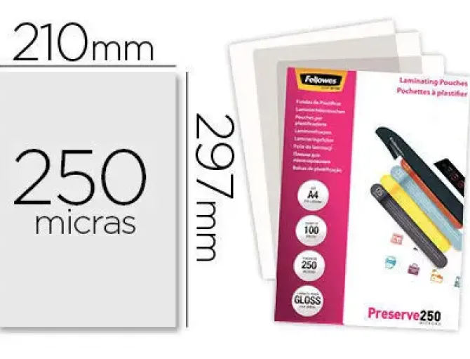 BOLSA DE PLASTIFICAR FELLOWES BRILLO DIN A4 250 MICRAS PACK DE 100 UNIDADES